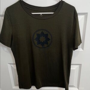 Club Pilates Dark Olive Women's Short Sleeve Tee with signature Mandala in black